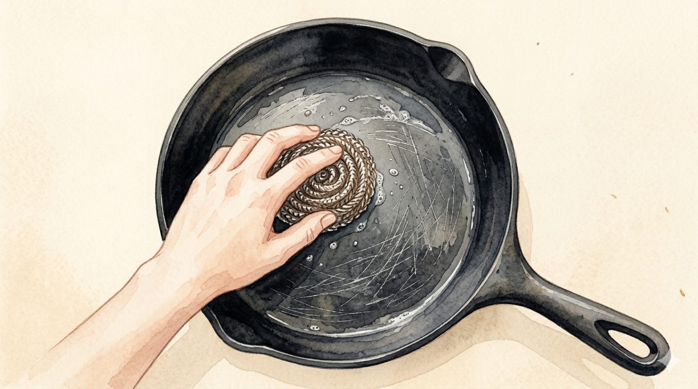 金属たわしでフライパンを洗うイラスト