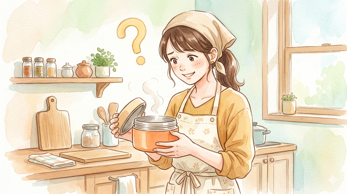 保温弁当箱のフタを開ける女性と疑問マークの水彩イラスト