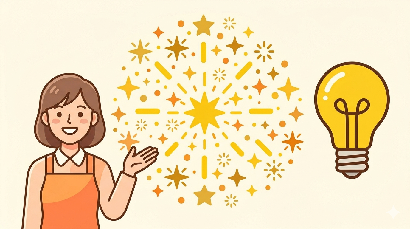 エプロン姿の女性と電球アイコンのイラスト