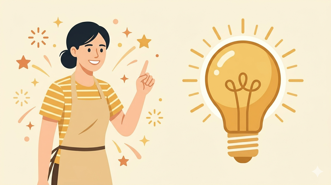 エプロン姿の女性と電球アイコンのイラスト