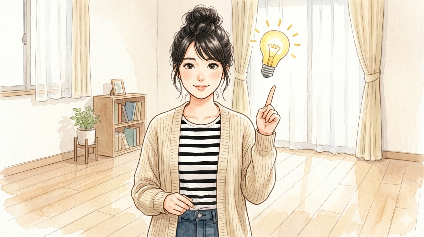 エプロン女性が電球マークとともに説明している水彩風イラスト