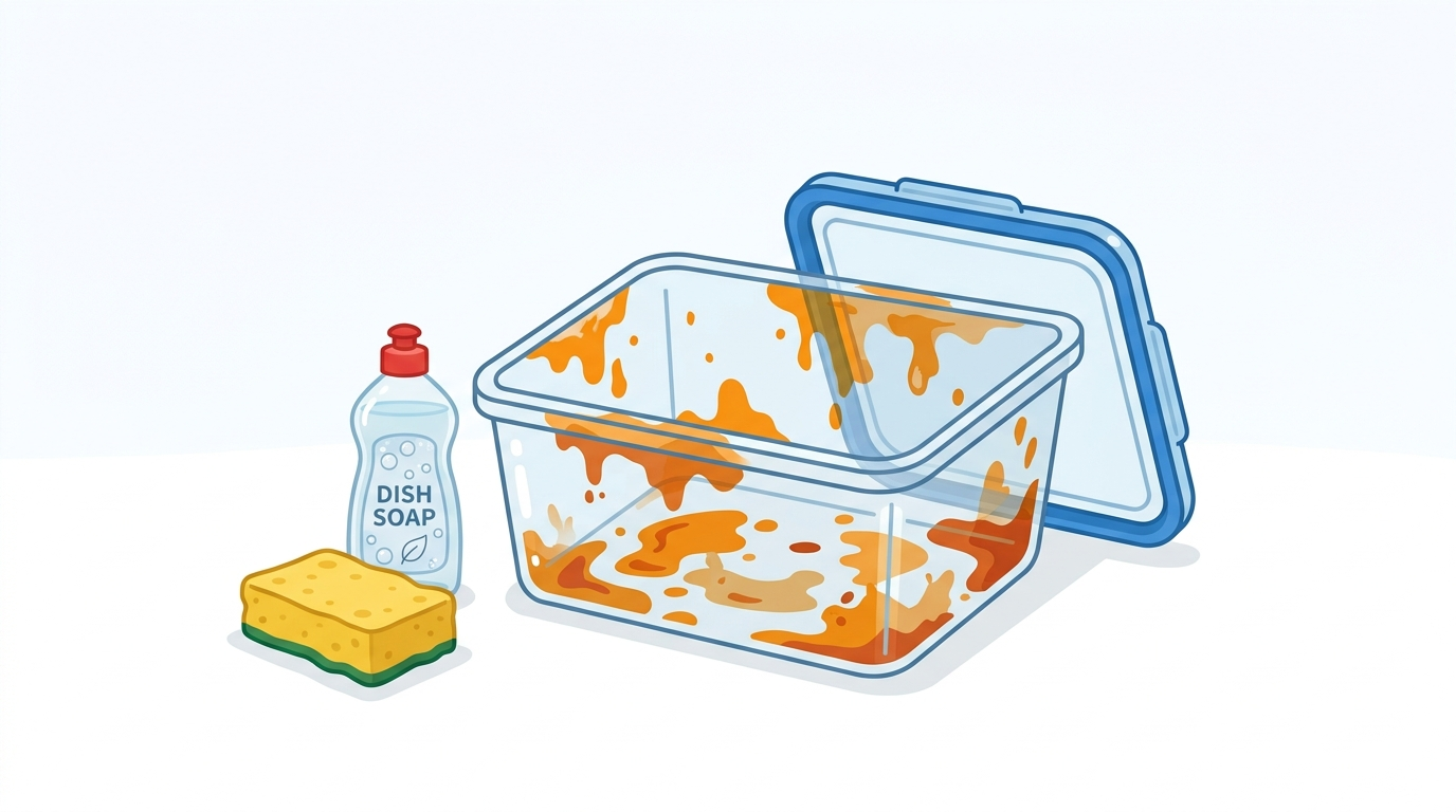 プラスチック容器の油汚れとスポンジ・洗剤のイラスト