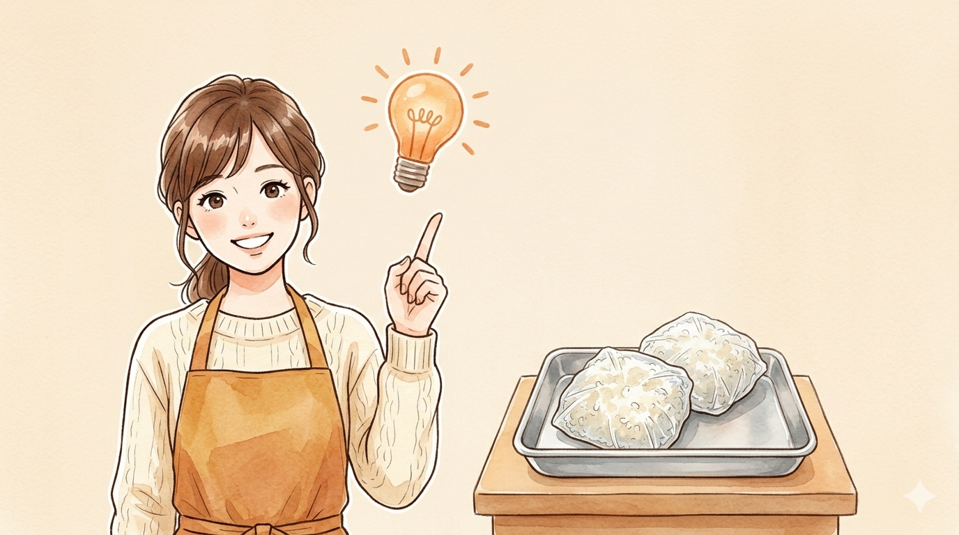 冷凍ご飯を美味しく保存するコツを紹介する女性のイラスト