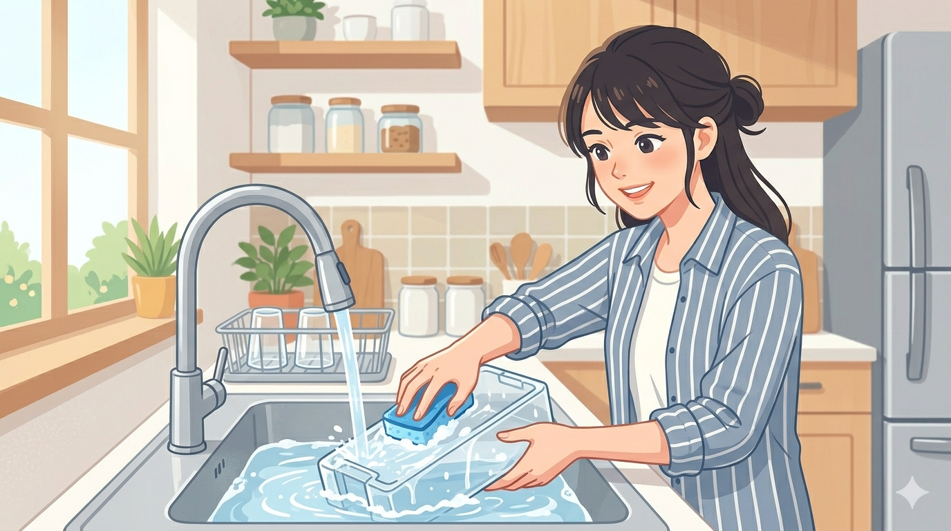 製氷機の給水タンクを洗っているイラスト