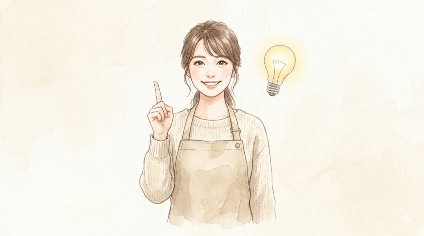 エプロン女性が人差し指を立てて説明している水彩風イラスト