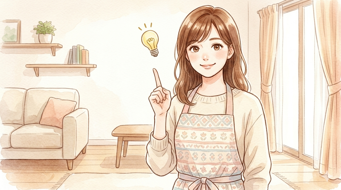 エプロン女性が電球マークとともに説明している水彩風イラスト