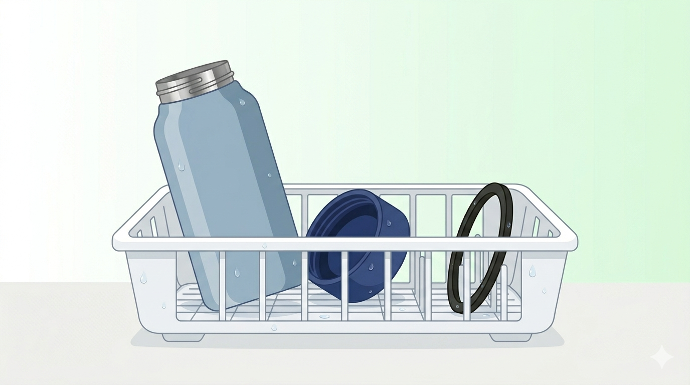 水筒のパーツをバラバラにして水切りかごで乾かしているイラスト