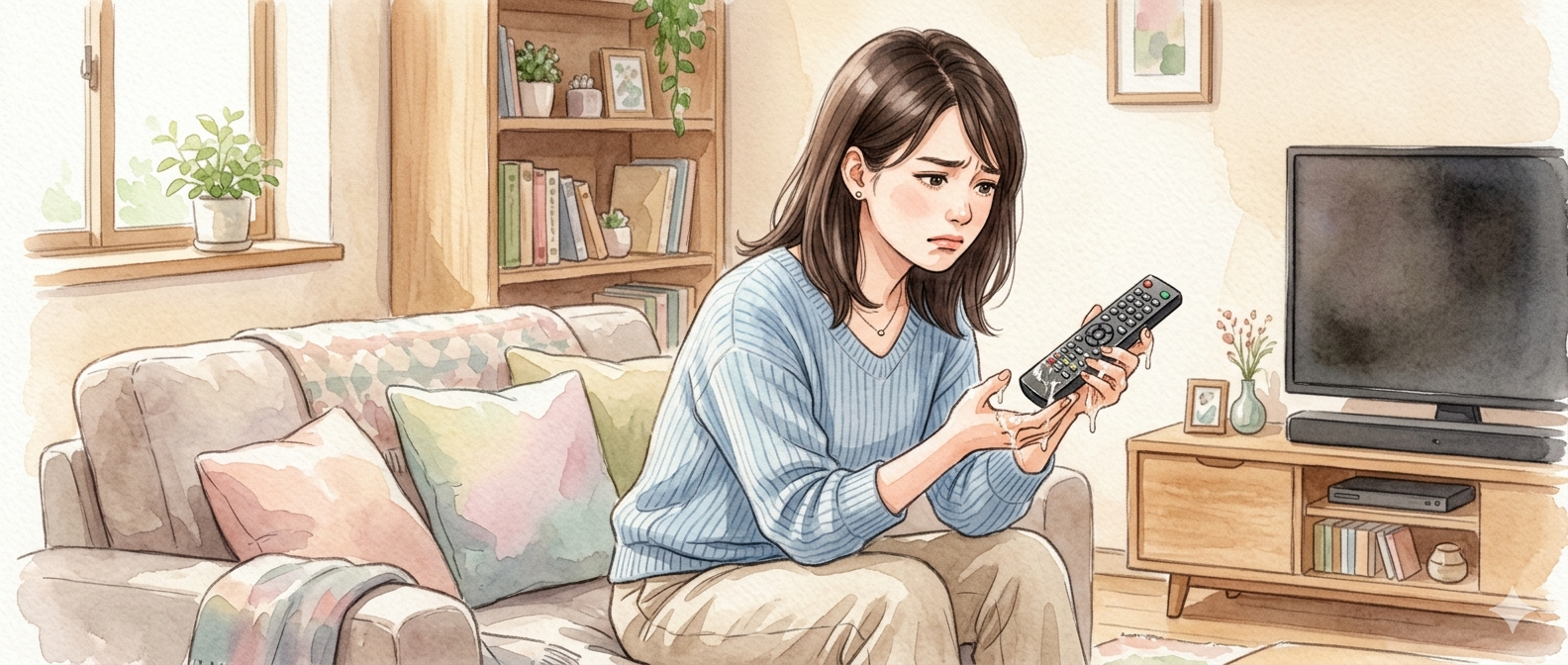 ゴム製品のベタベタに困る女性のイラスト