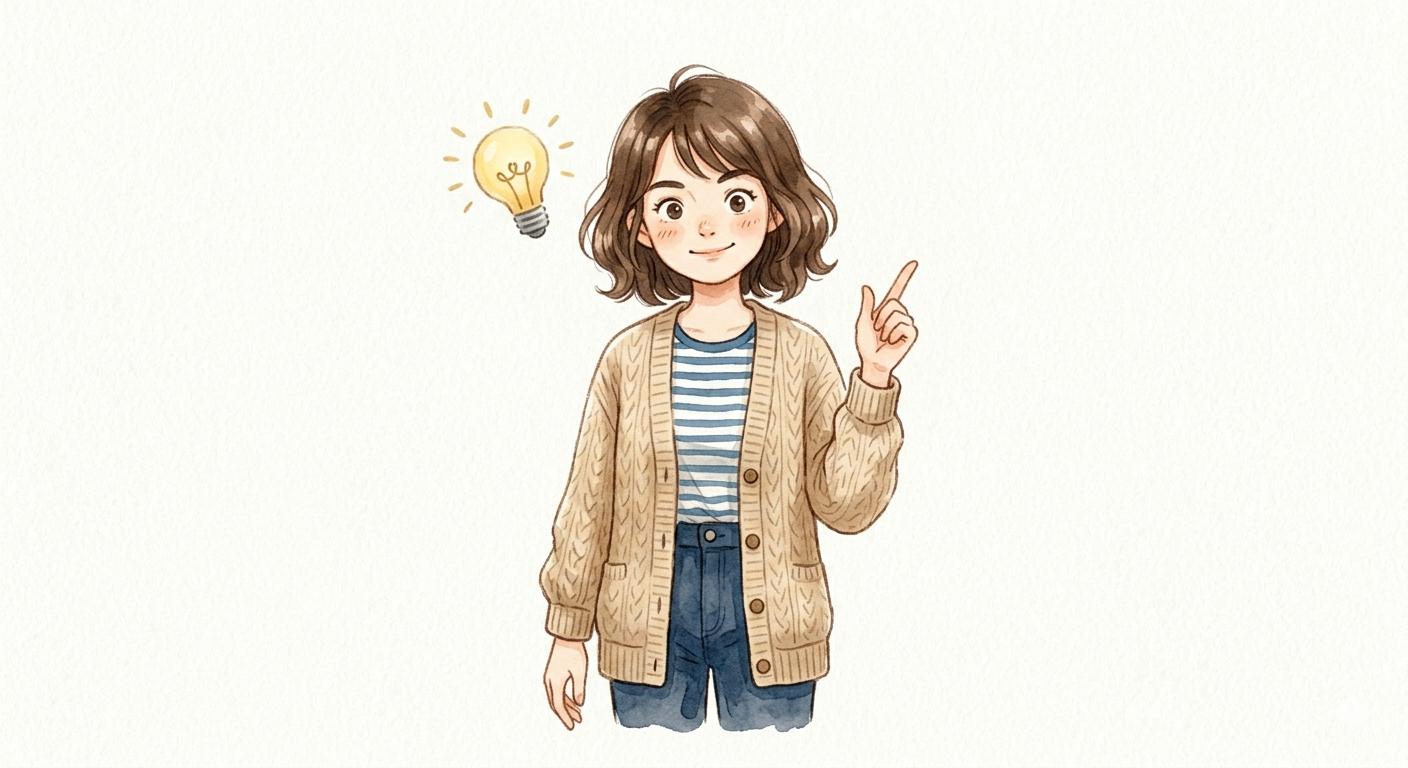 女性が電球マークとともにポイントを説明している水彩風イラスト
