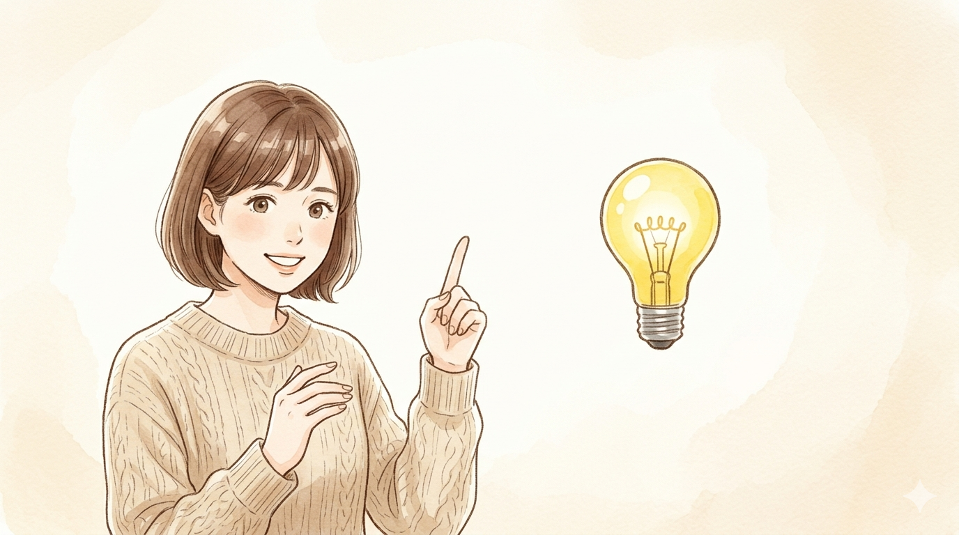 女性が人差し指を立てて電球マークとともに説明している水彩風イラスト