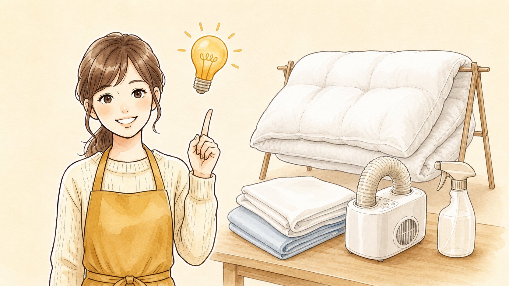 布団の臭い対策を説明する女性のイラスト
