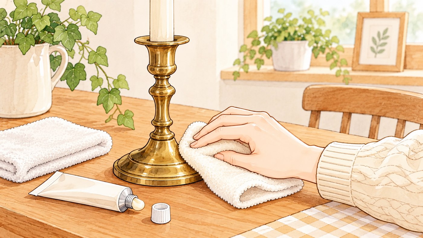柔らかい布で真鍮の燭台を磨く手元と金属磨きクリーム