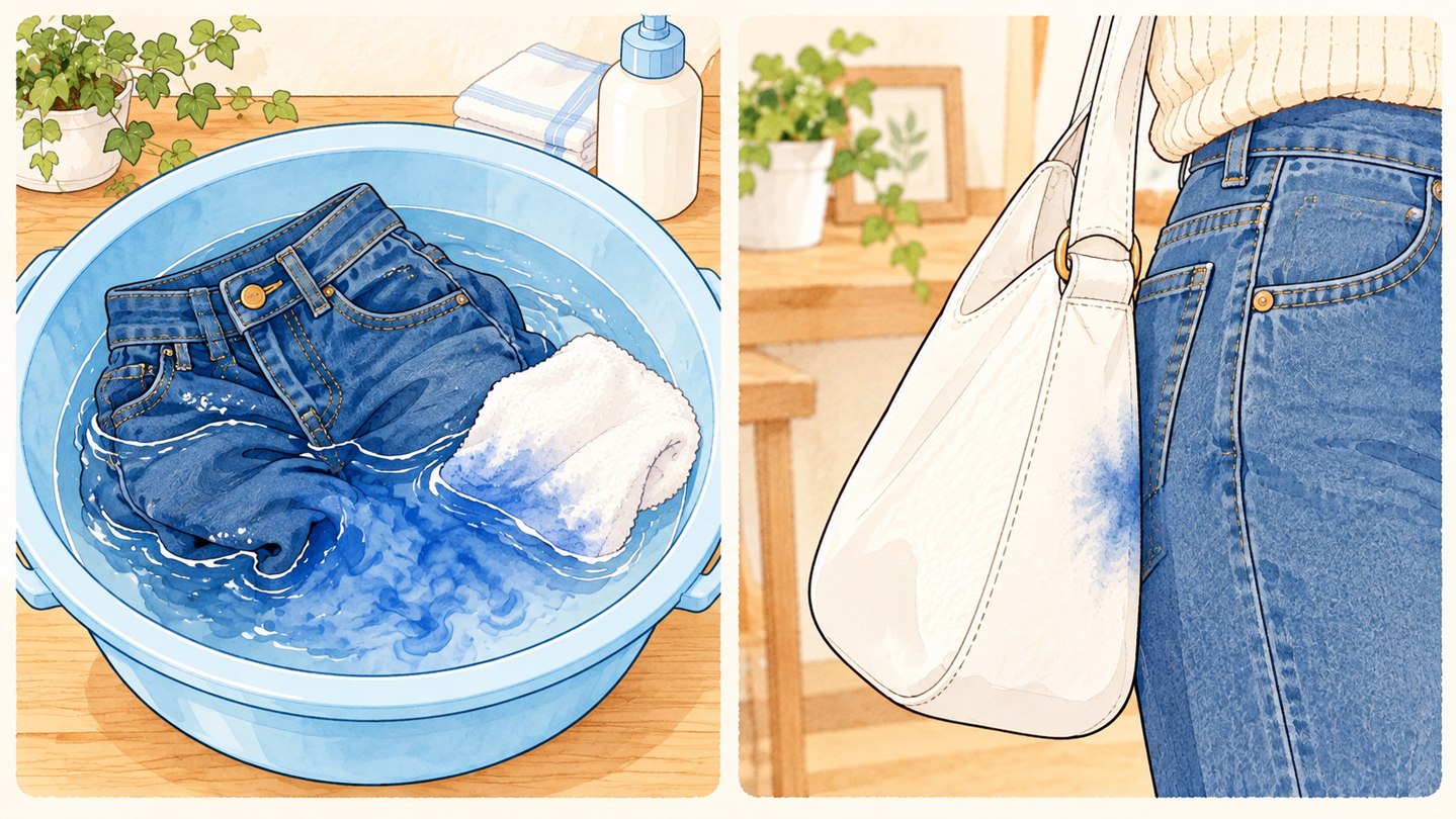 洗濯水を通じた色移りと、デニムにバッグがこすれて起こる色移り