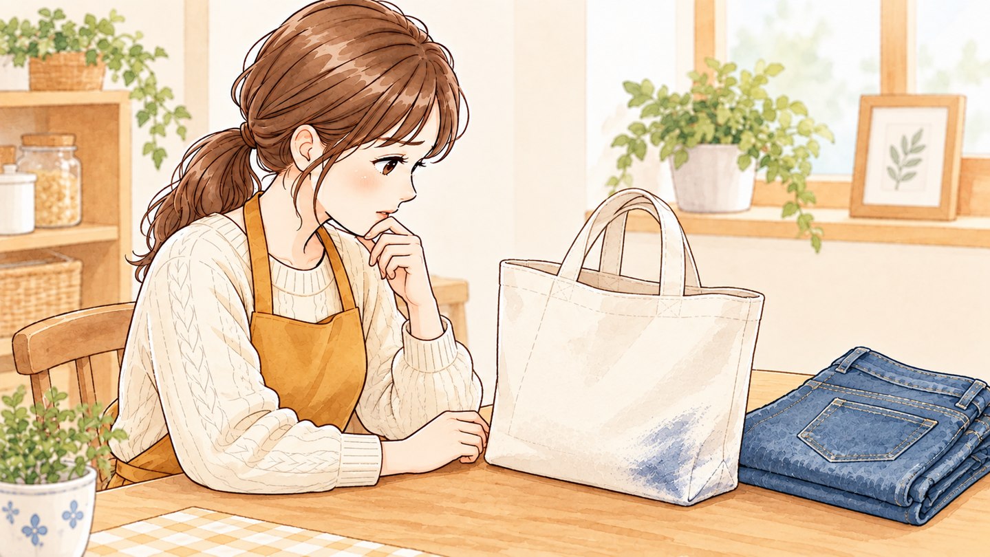 デニムから白いトートバッグへの色移りを見つけた女性