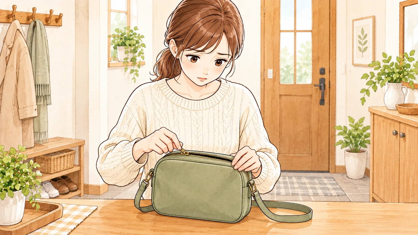 バッグのファスナーが動きにくく、引き手を確認する女性