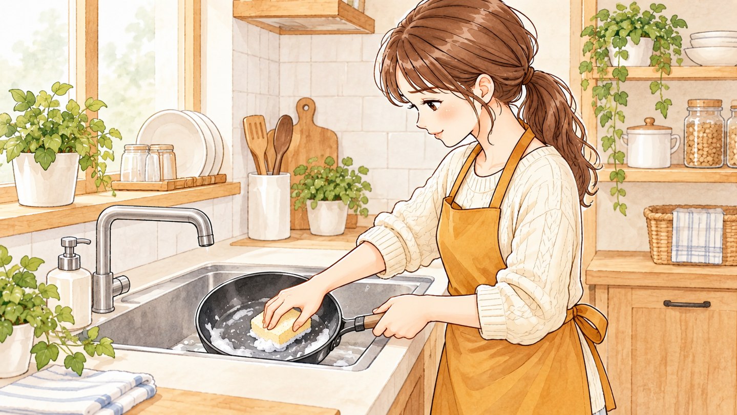 冷めたフライパンを柔らかいスポンジで洗う女性