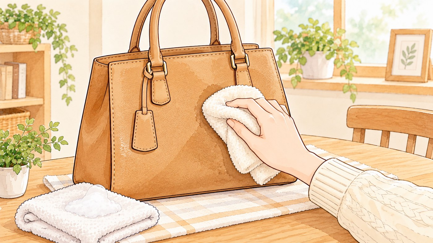 柔らかい布で合皮のバッグの表面を拭く手元