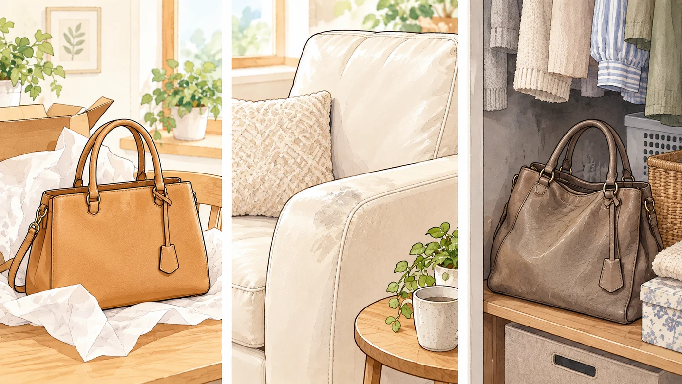 新品のバッグ、使い込んだソファ、収納中のバッグを比べたイラスト