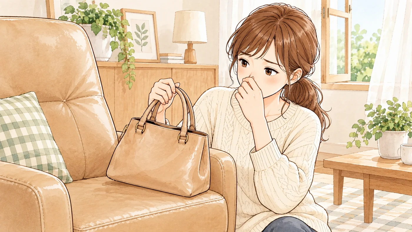 合皮のバッグのにおいに気づく女性とソファ