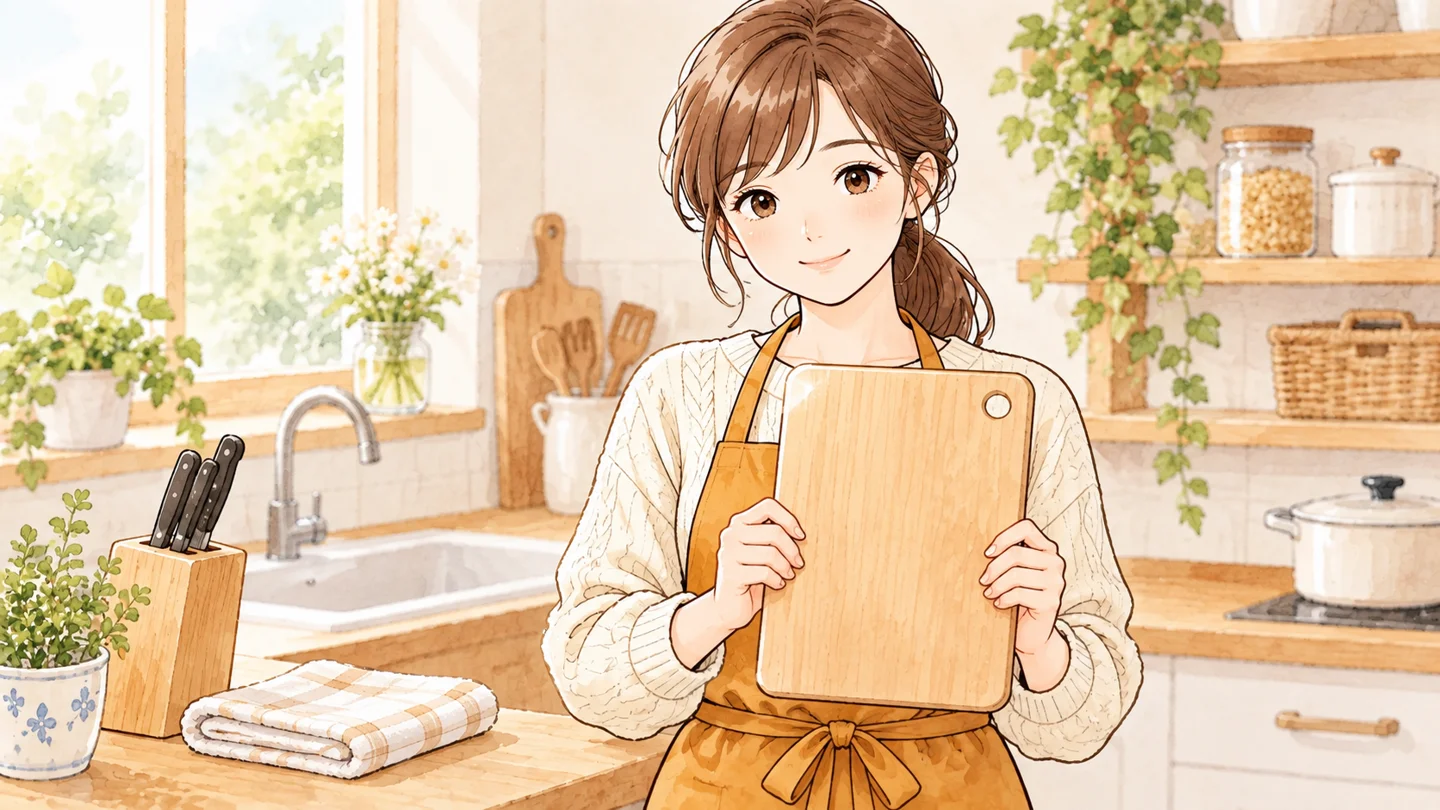 手入れしたまな板を持つ女性と包丁の収納