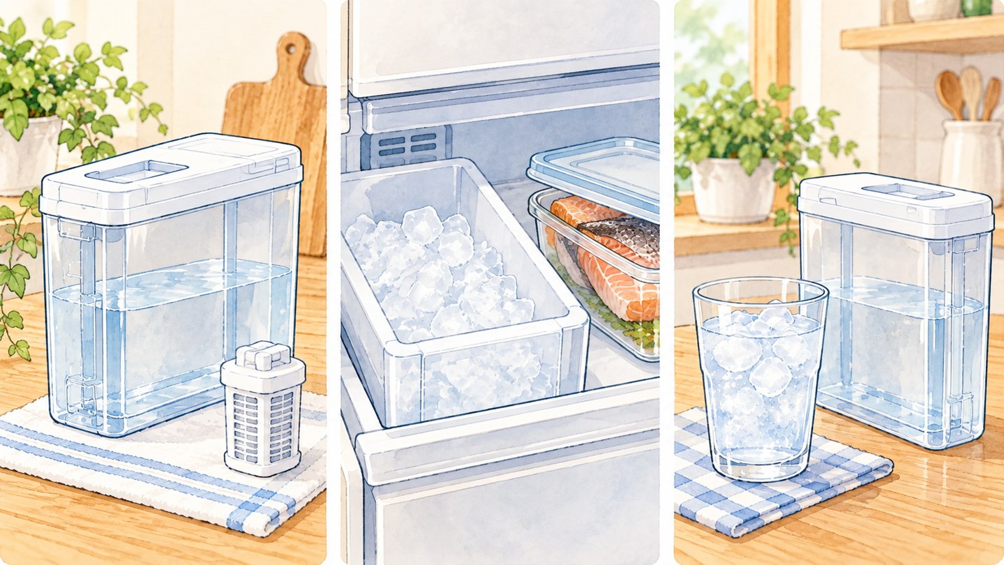 給水タンクとフィルター、庫内の食品、製氷に使う水