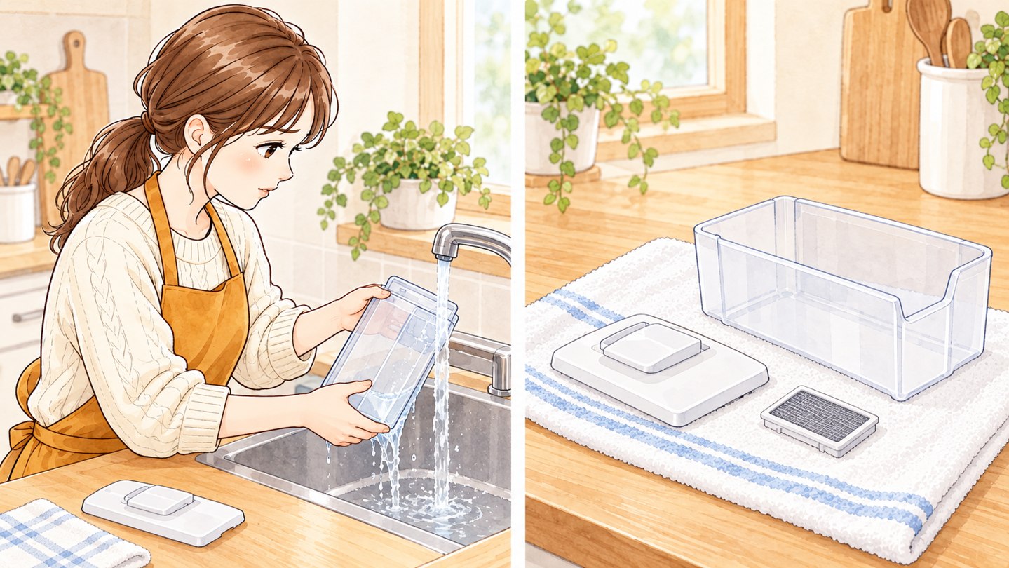 製氷機のタンクを水洗いする女性と取り外した部品