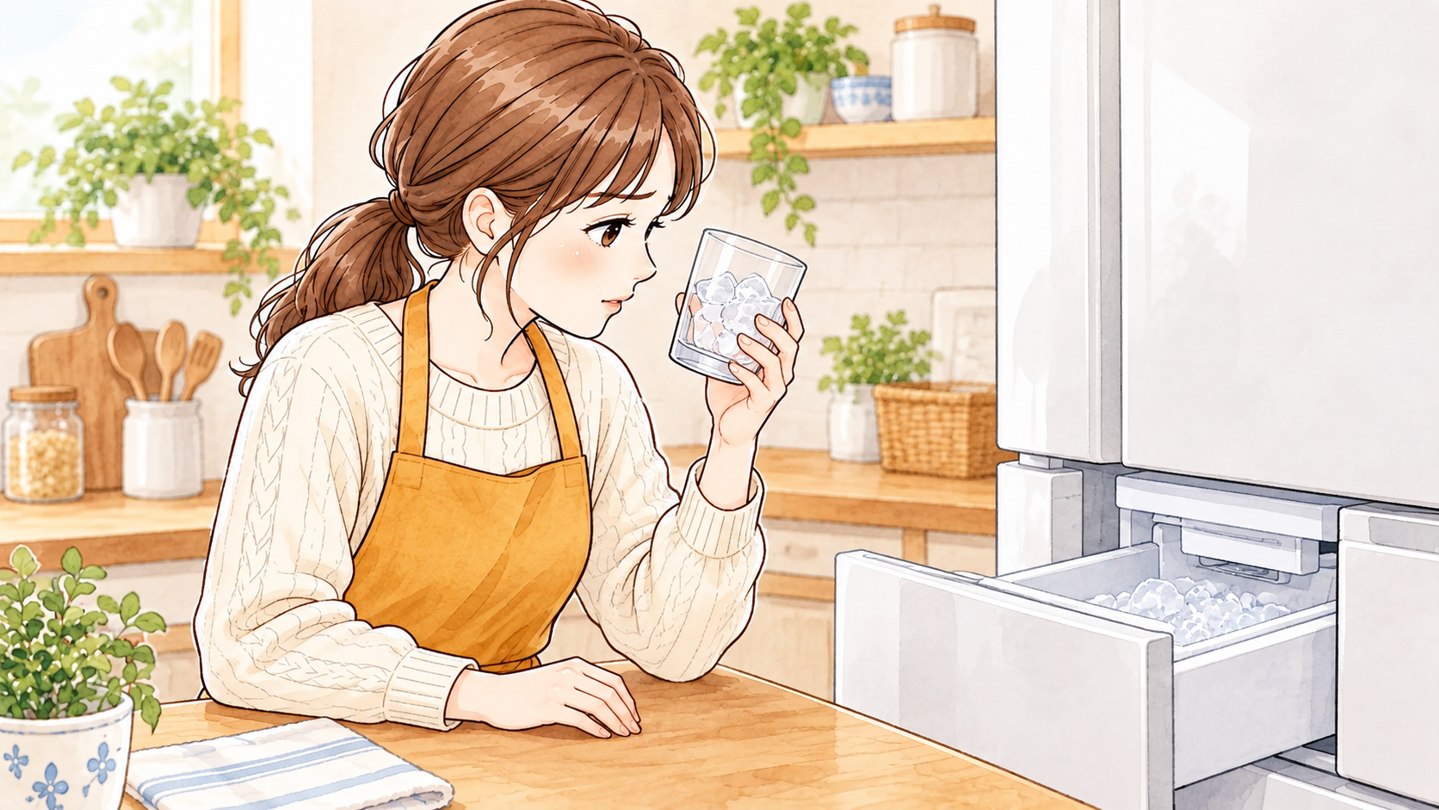 氷の入ったグラスの臭いを気にする女性と冷蔵庫