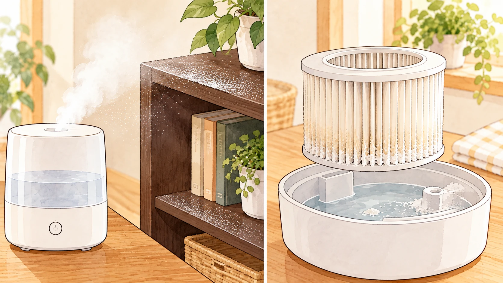 家具の上に残る白い粉と、加湿器のフィルターに付いた白い固まりを比較したイラスト