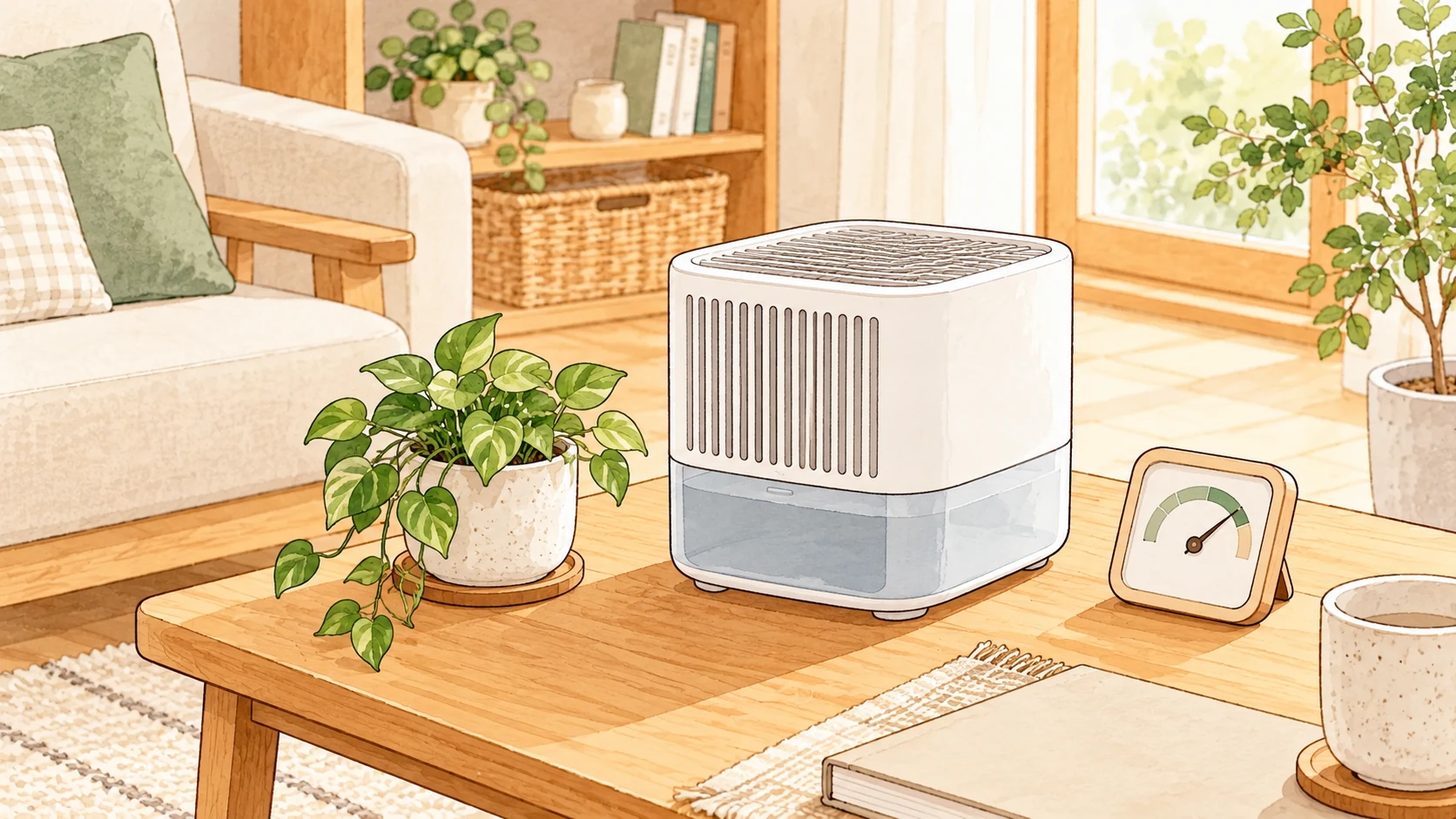 ミストの見えない気化式加湿器を部屋に置いた様子