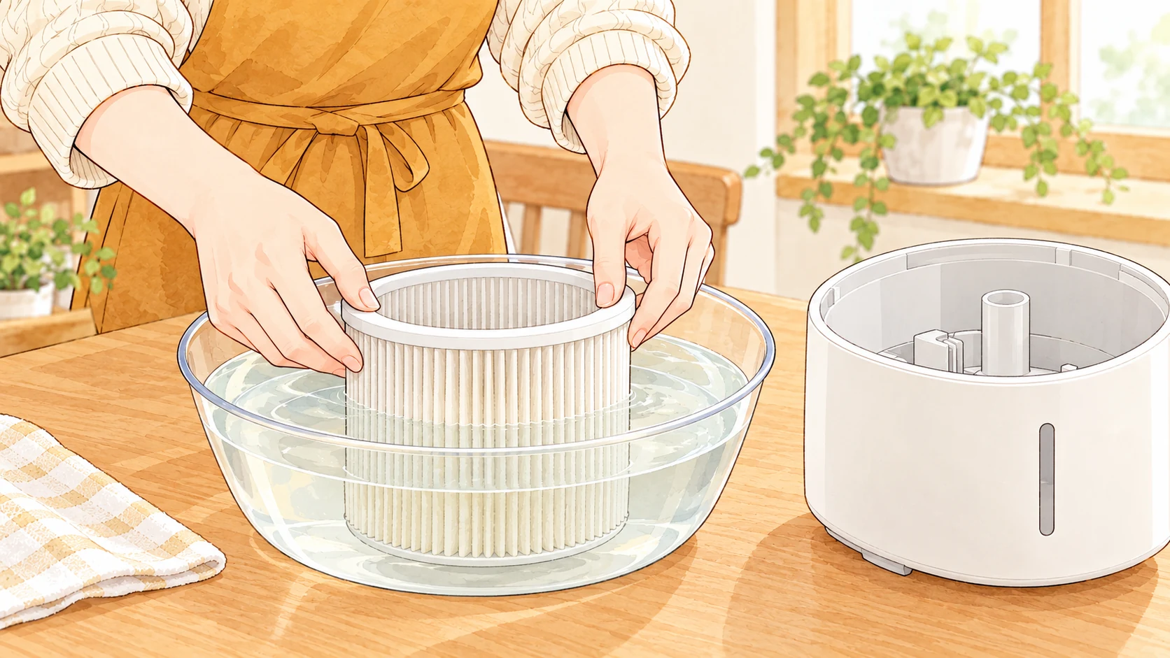 取り外した加湿フィルターを洗面器で手入れする様子