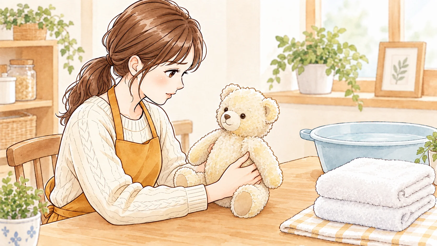 水彩イラスト：黄ばみが気になるぬいぐるみを手に取る女性
