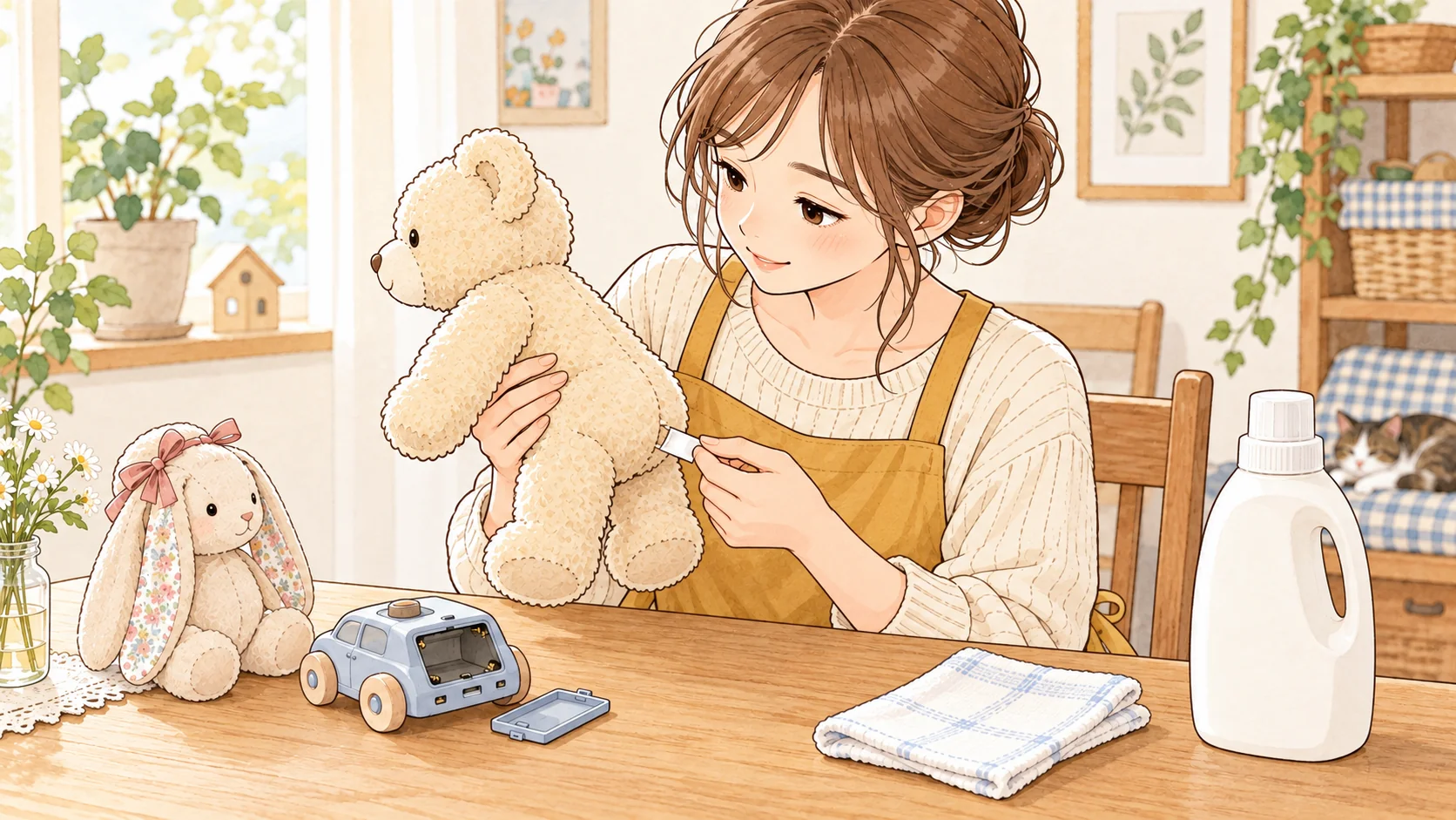 ぬいぐるみの洗濯表示を確認し、電池や飾りの有無を調べる様子