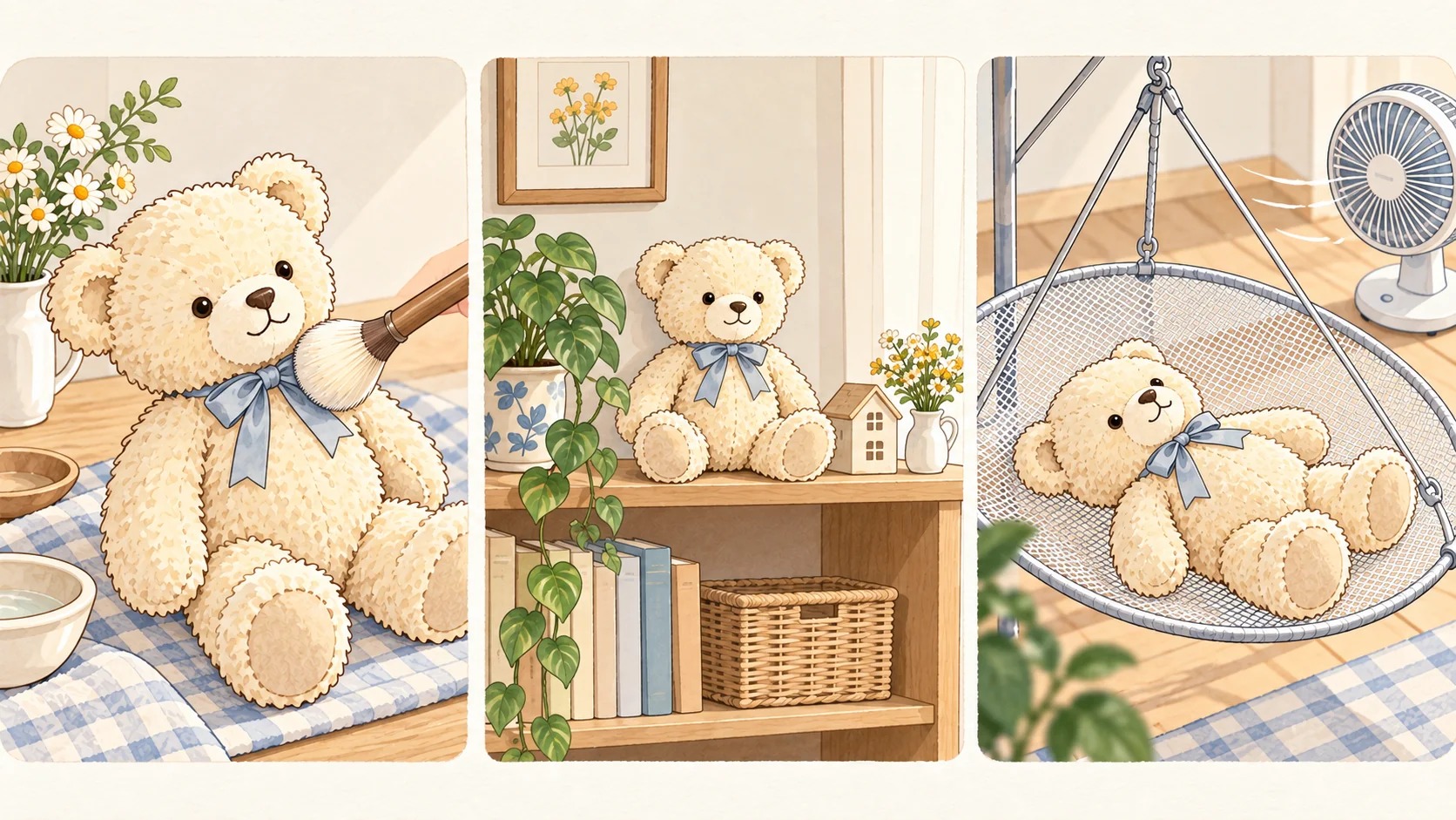 ぬいぐるみの黄ばみを防ぐ手入れ：ホコリを払い、直射日光を避け、中まで乾かす