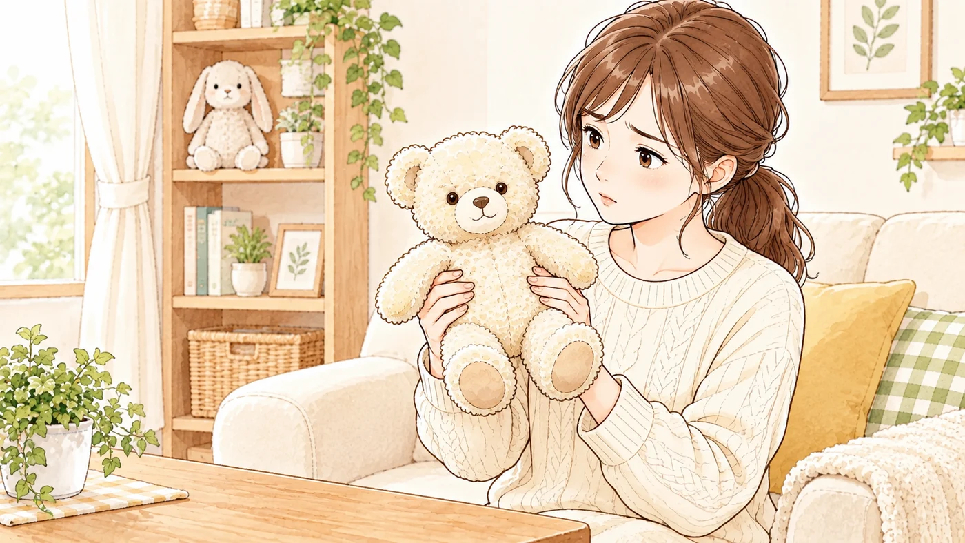 抱えているぬいぐるみの臭いが気になる女性