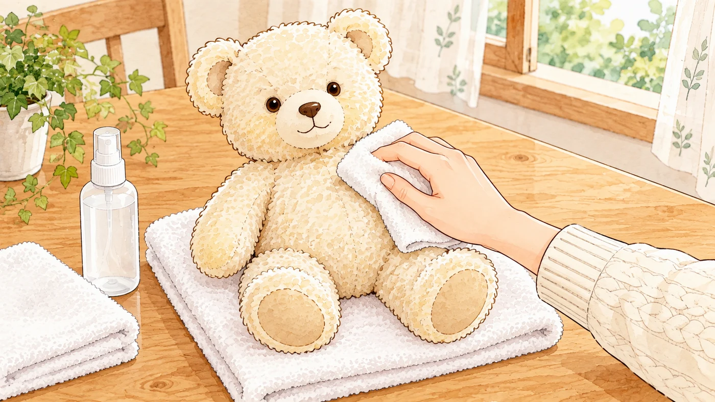 ぬいぐるみの表面を柔らかい布で拭いてお手入れする