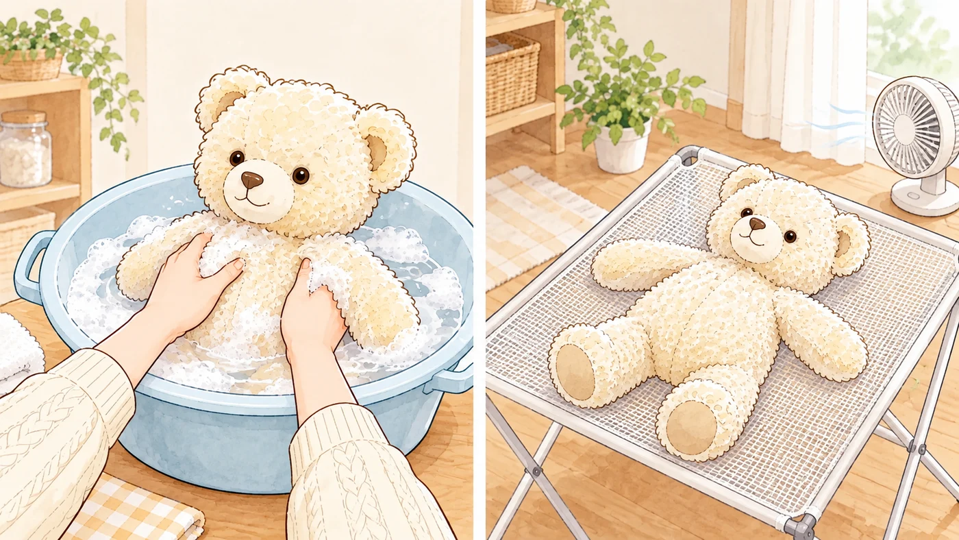 ぬいぐるみをやさしく押し洗いし、平干しで風を通して乾かす