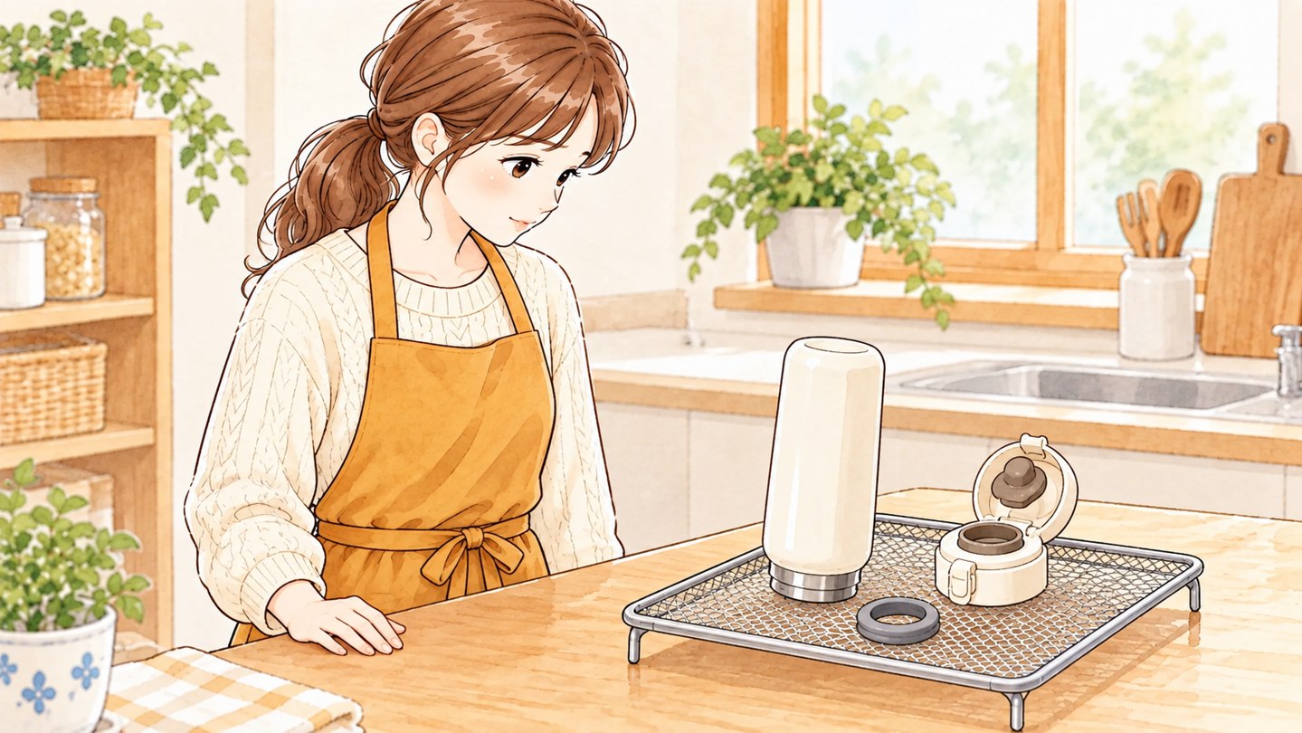 水筒本体とフタ、パッキンを分けて乾かす様子