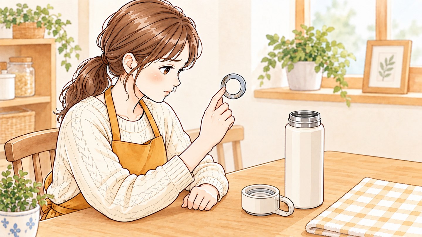 水筒から外したパッキンの黒ずみを確認する女性