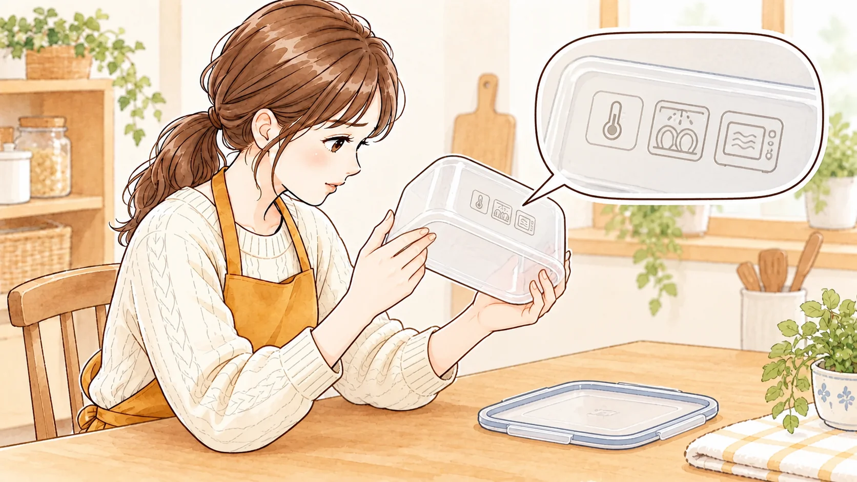 プラスチック容器の底にある使用表示を確認する女性