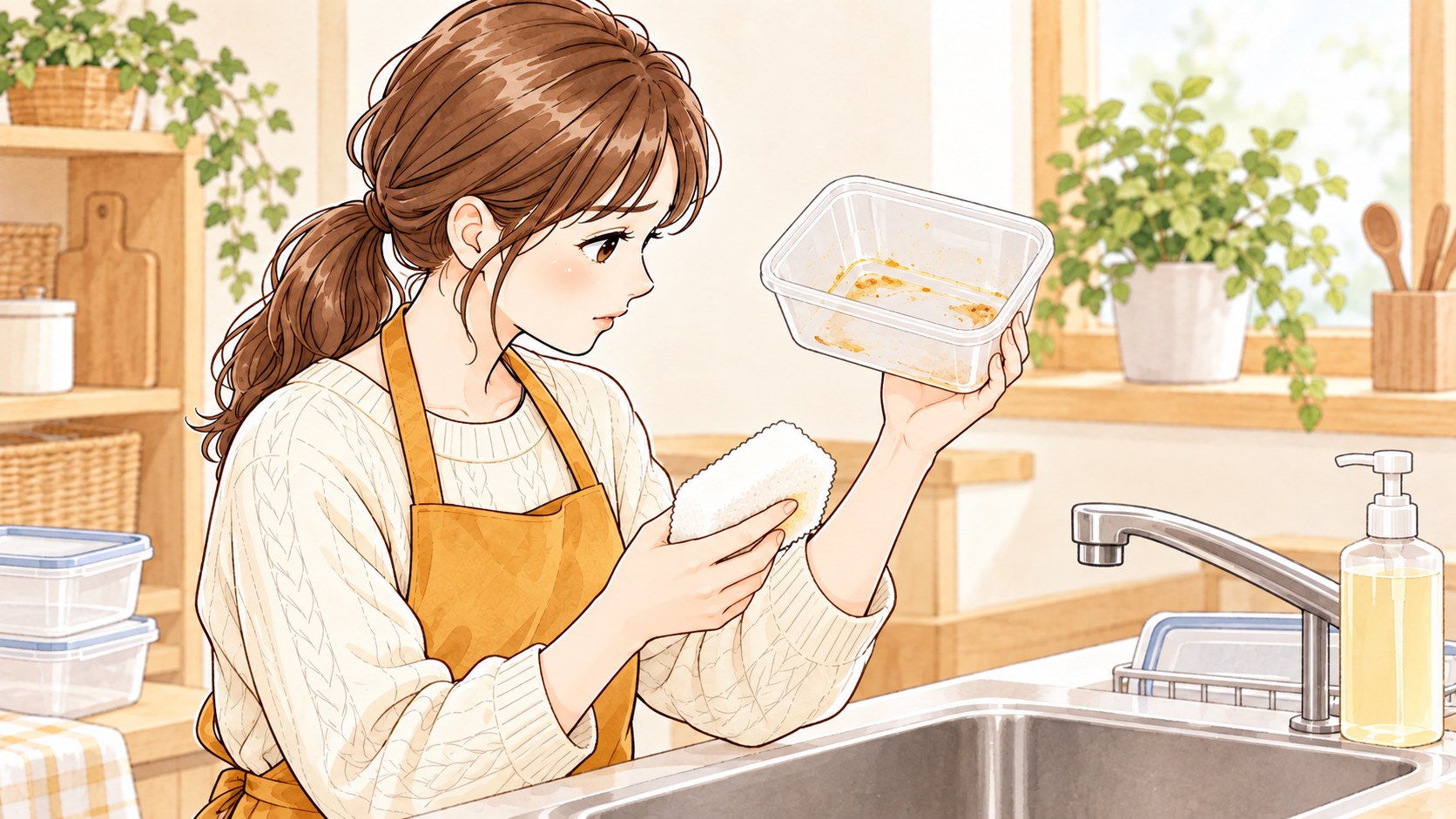 油汚れの残ったプラスチック容器を手にする女性