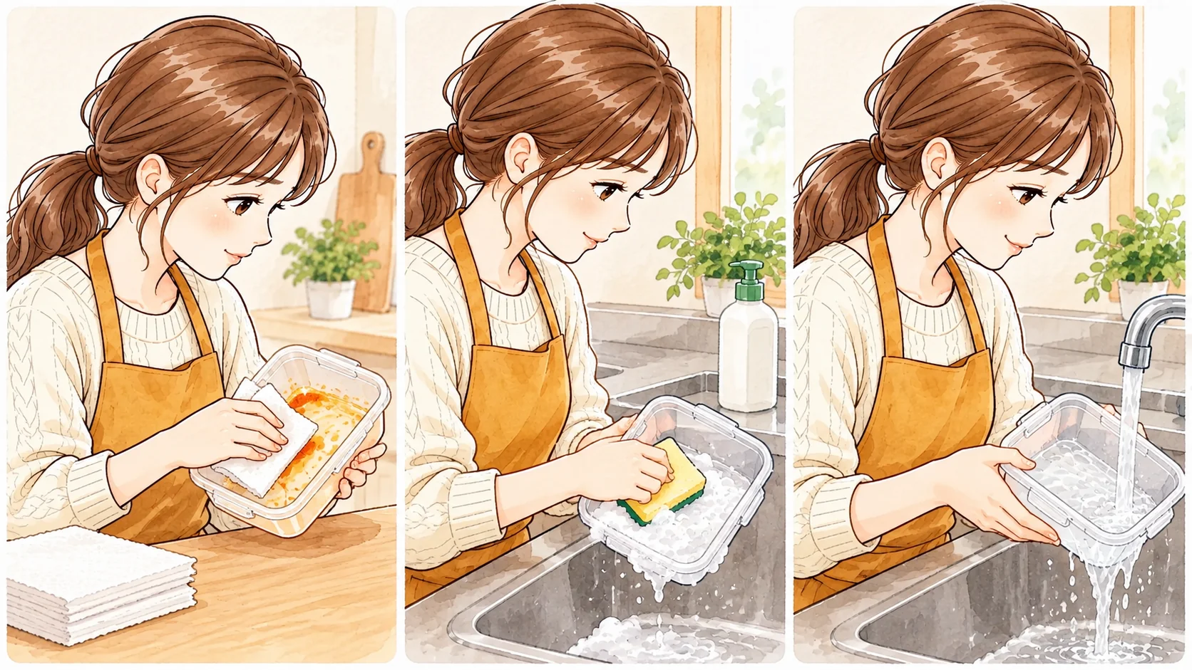紙で油を拭き取り、やわらかいスポンジで洗い、すすぐ手順