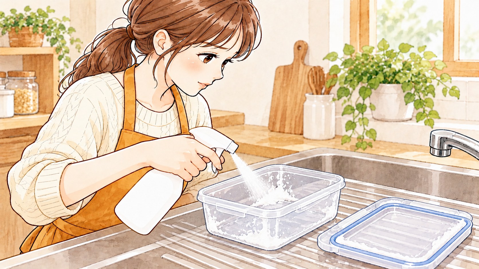 容器の角やフタの溝に食器用の泡スプレーをかける女性