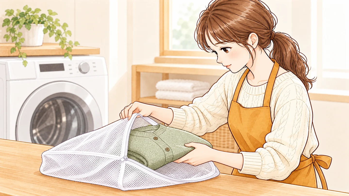 畳んだカーディガンを洗濯ネットへ入れる女性