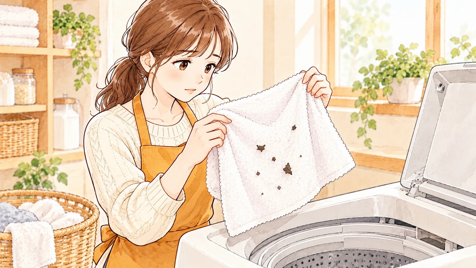 洗濯機の前で黒いカスが付いた白いタオルを持つ女性