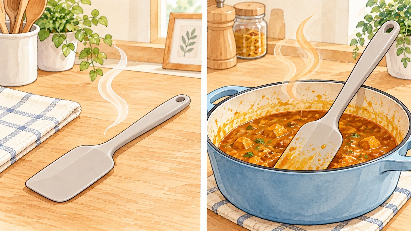新品のシリコーンヘラと料理後のヘラの対比