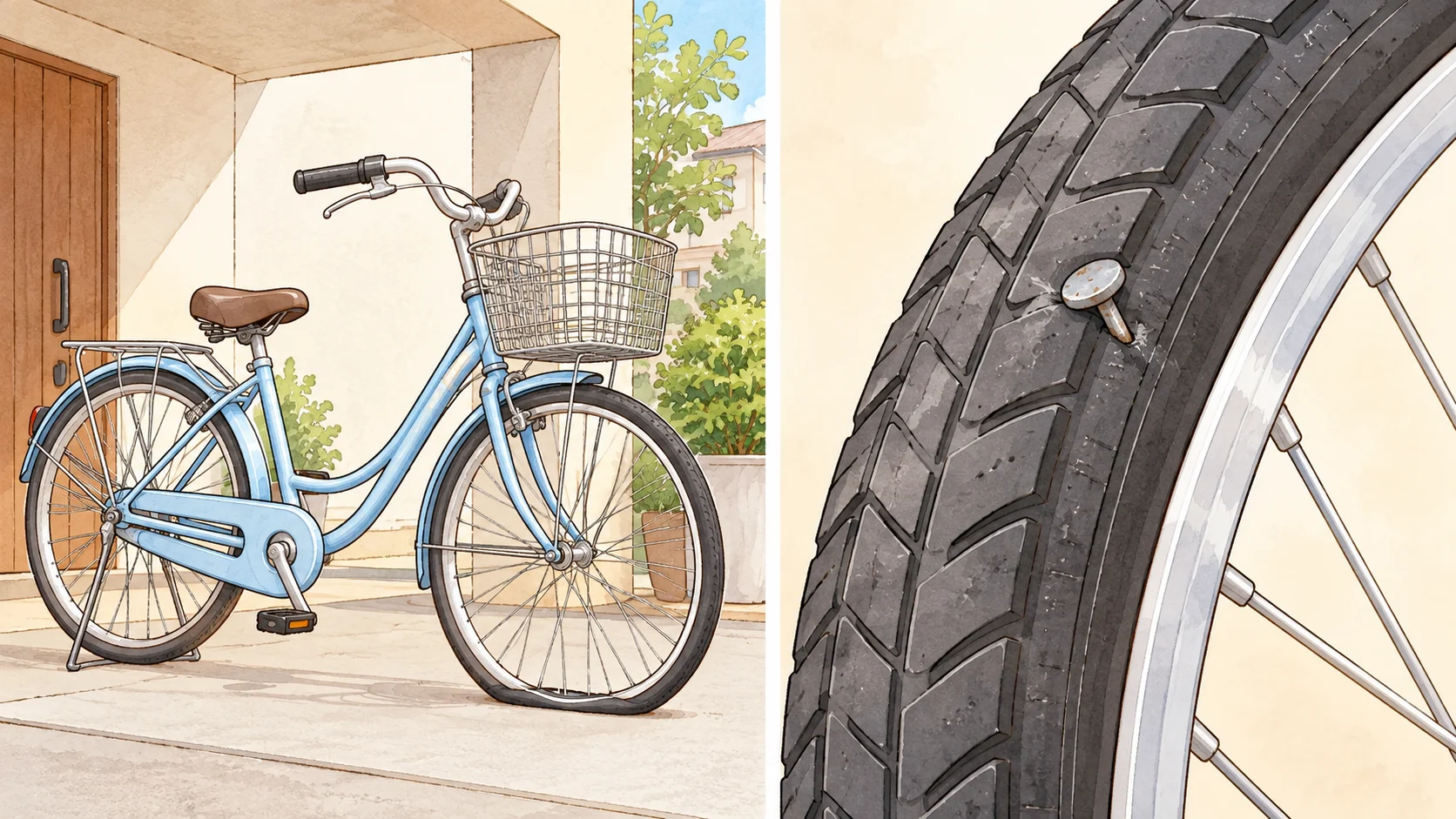 保管中に空気が減った自転車と、タイヤの接地面に刺さった釘
