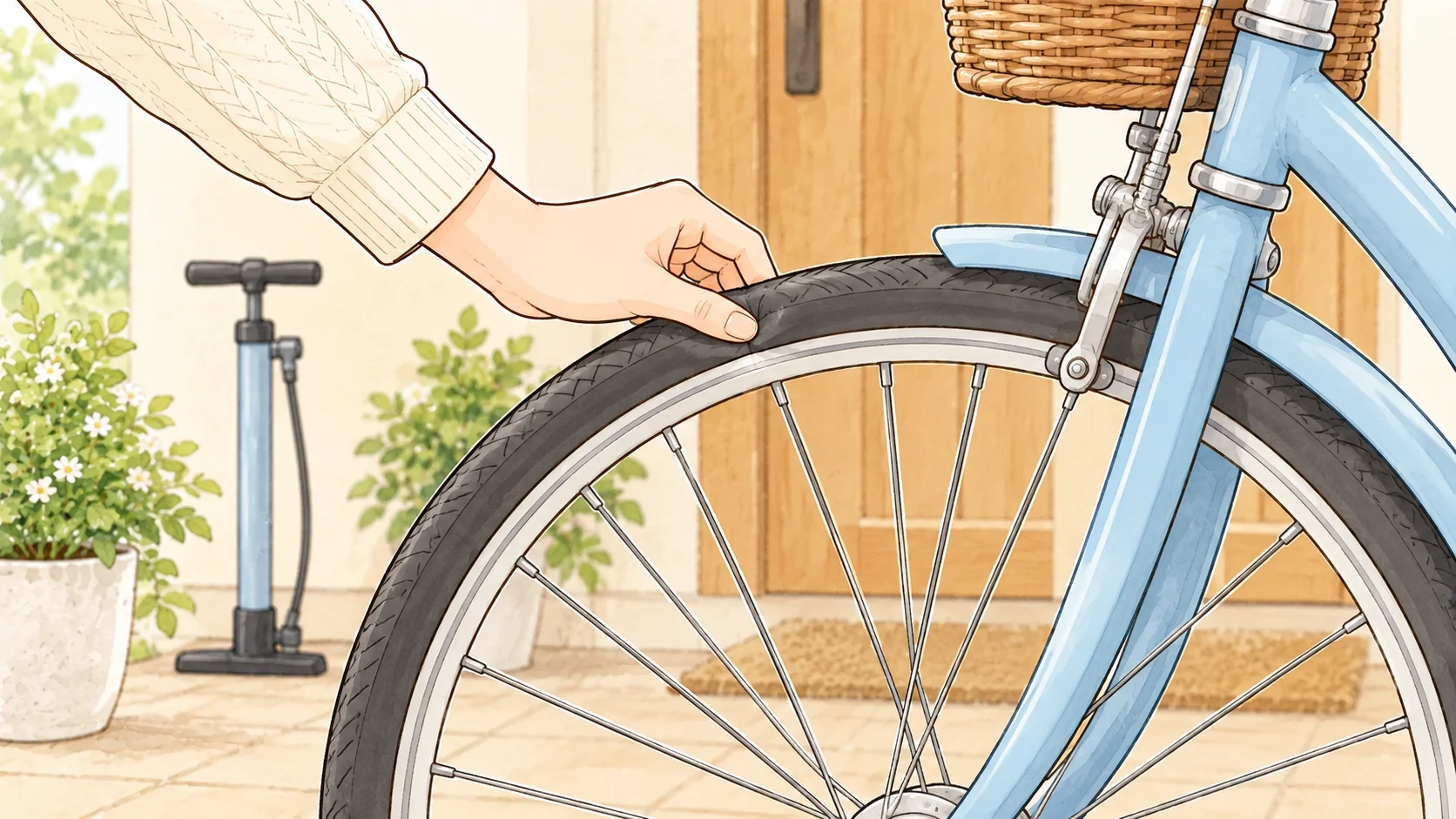 自転車に乗る前に手でタイヤの柔らかさを確かめる様子