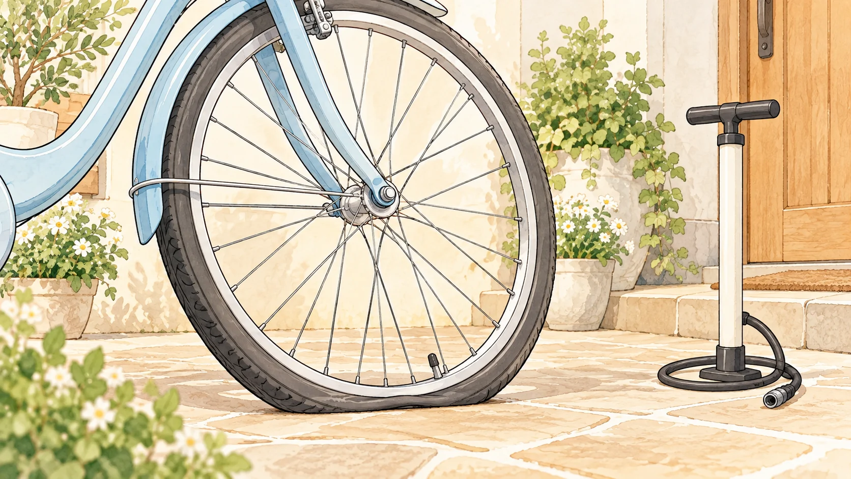 玄関先に置いた自転車の少しつぶれたタイヤと空気入れ