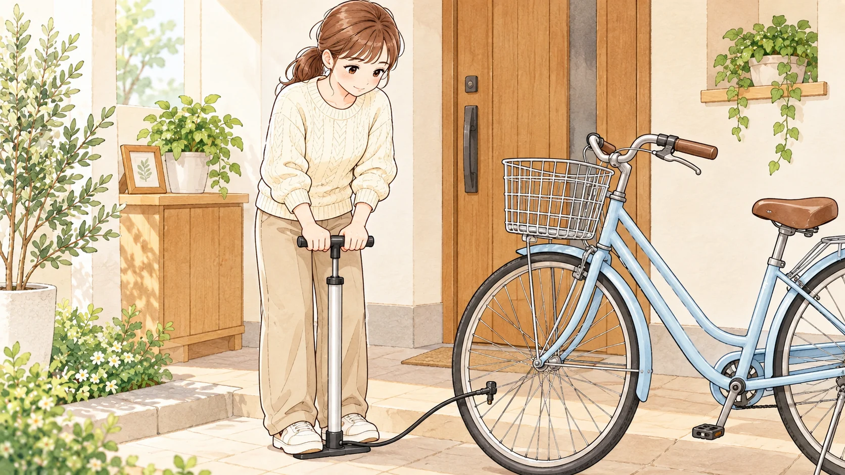 自転車のタイヤへフロアポンプで空気を補充する女性