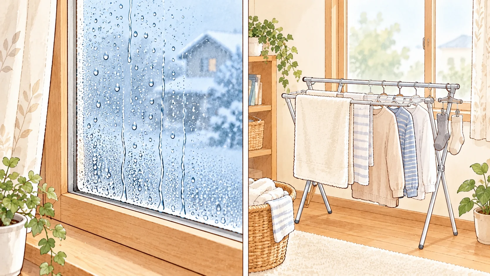 水滴が付いた冷たい窓と、室内の水蒸気を増やす部屋干しの洗濯物